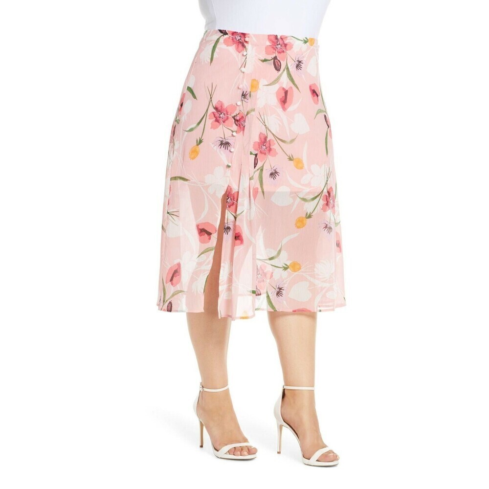 Leith Chiffon Floral Printed Midi Skirt Side Slits plus size 1X in pink